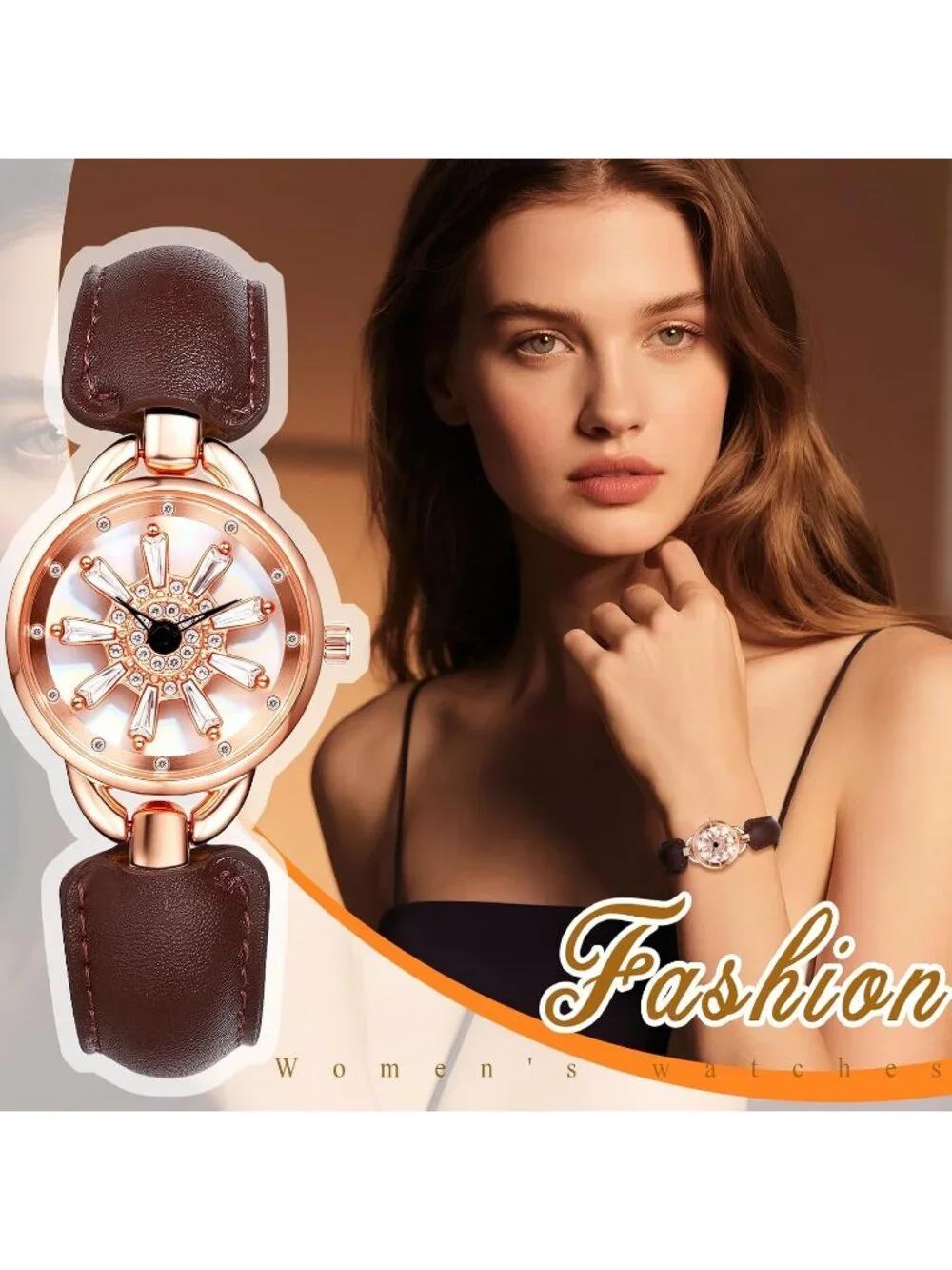 Women's Rose Gold Rotating Crystal Brown Leather Band Bracelet Wrist Watch